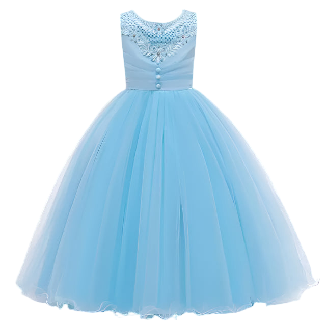 Light blue dress with embellished top on a white background