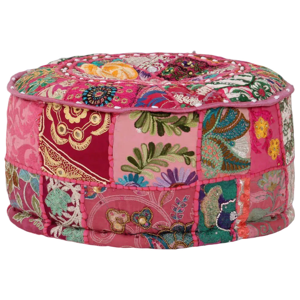 Multicolored patchwork ottoman with floral and paisley patterns on a white background