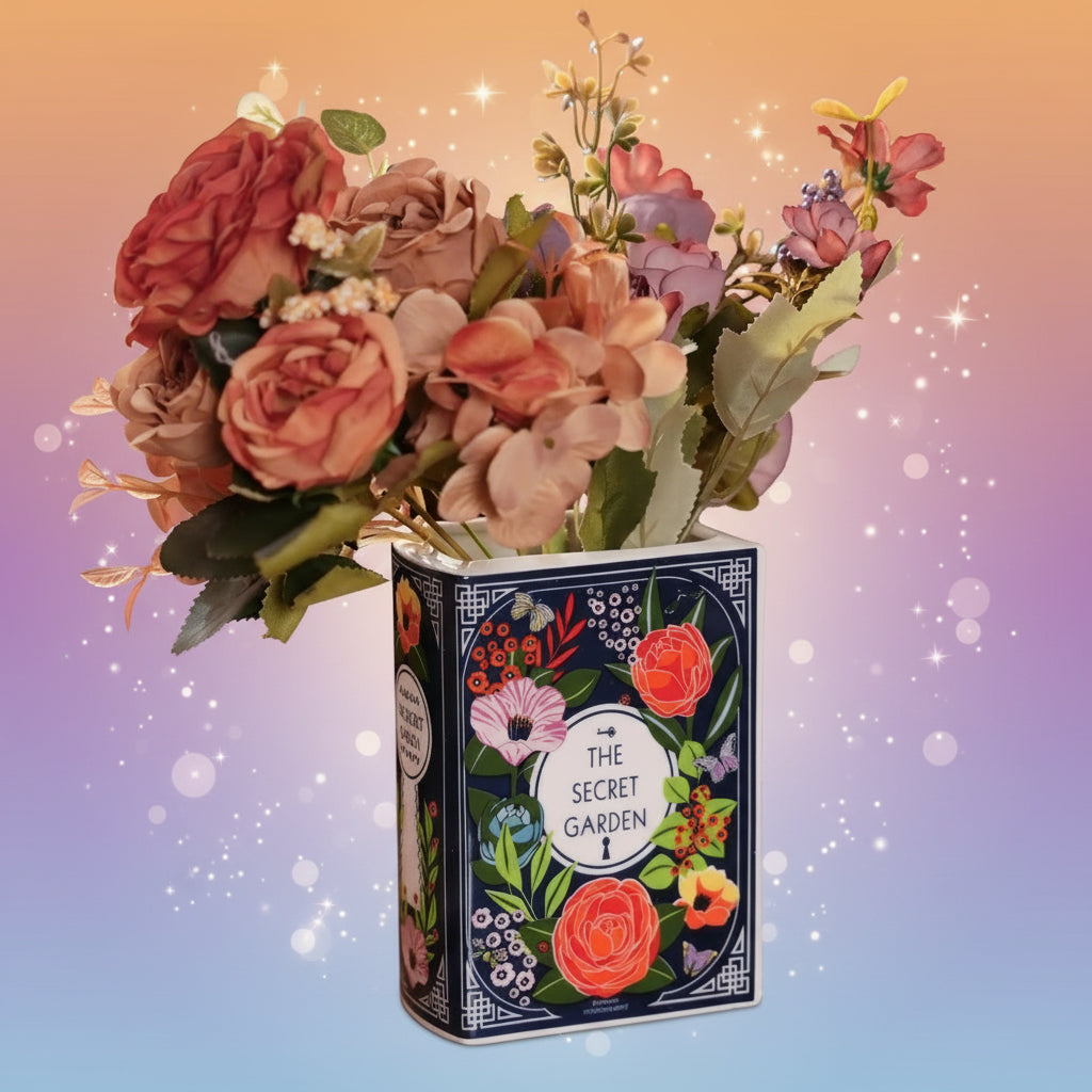 Floral arrangement in a decorative tin box with 'The Secret Garden' design on a wooden surface.