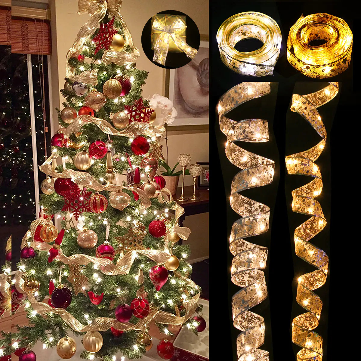 Decorated Christmas tree with lights and ribbons, close-up of lights and ribbons.
