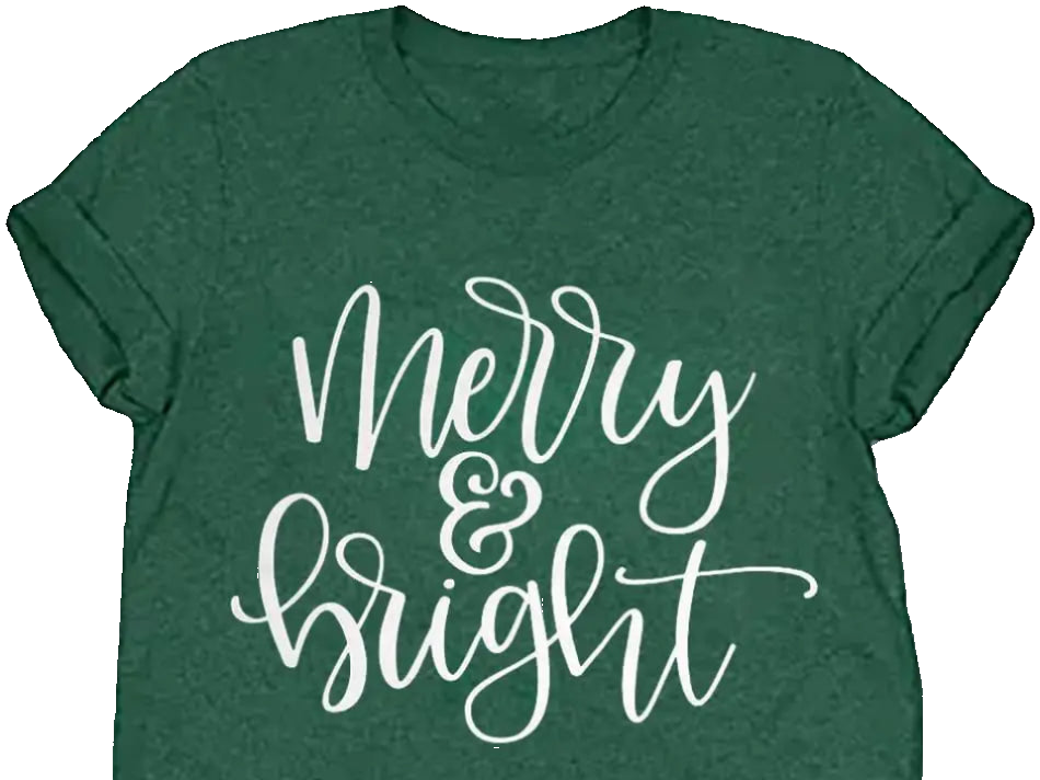 Green t-shirt with 'Merry & Bright' text, worn with plaid shirt and jeans.