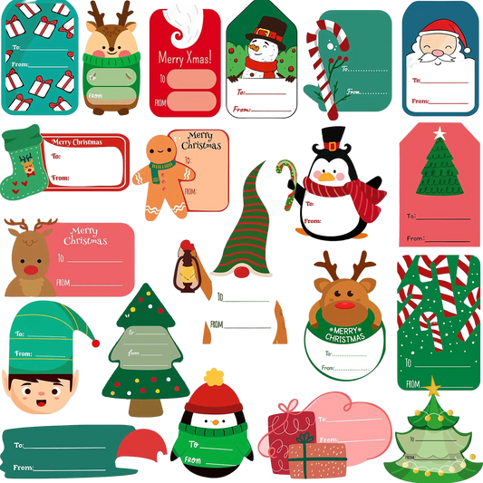 Collection of Christmas-themed gift tags with various designs on a white background.