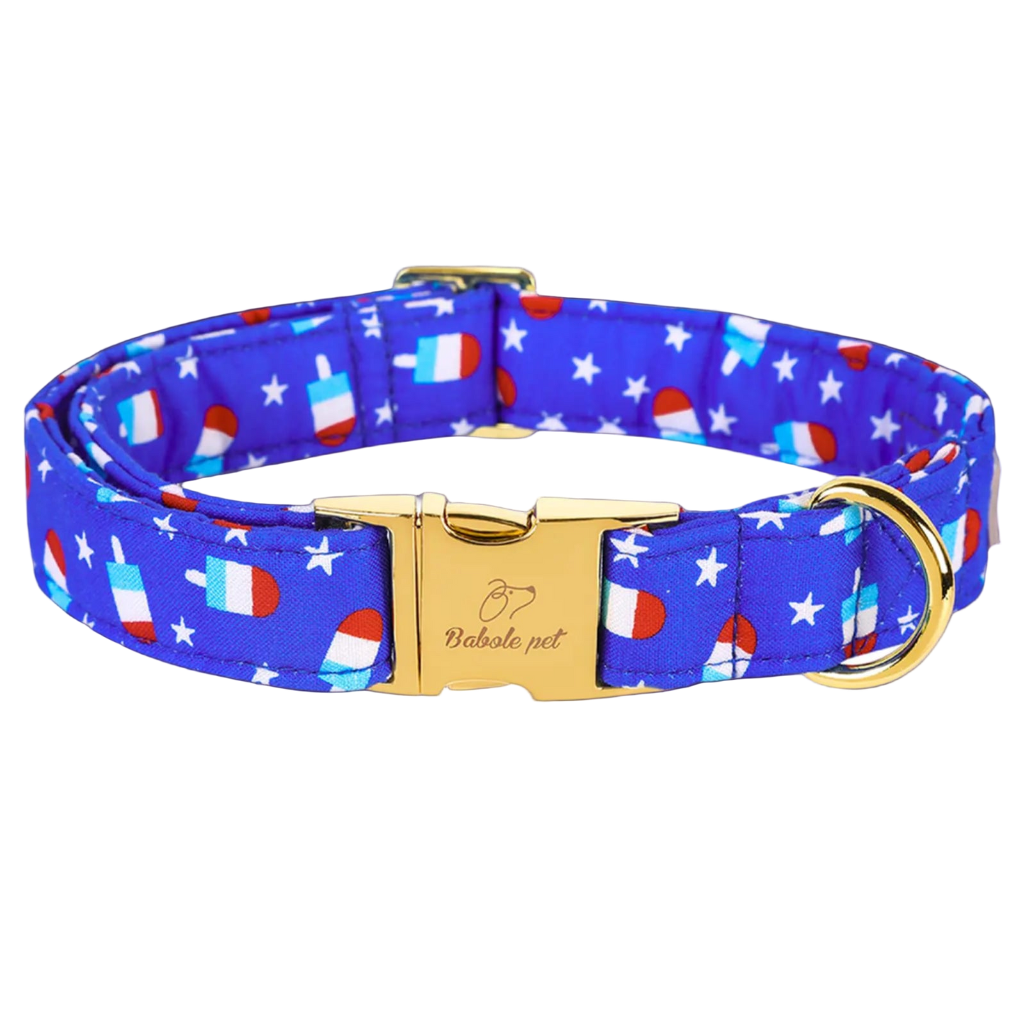 Dog collar with blue background and colorful pattern on a white background