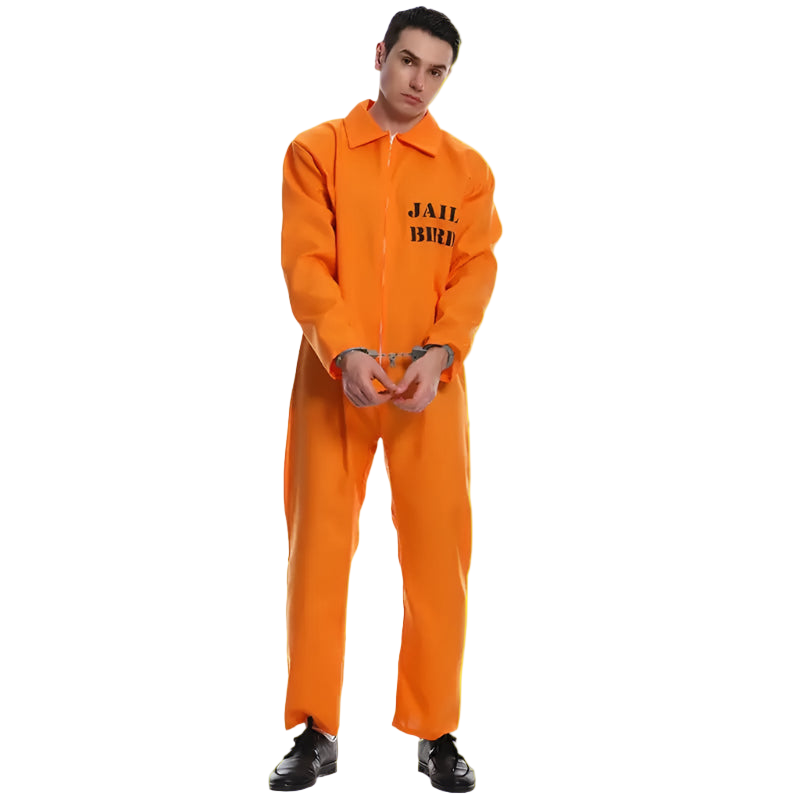 Person wearing an orange jailbird costume with 'JAIL BIRD' text on a white background