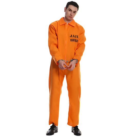 Person wearing an orange jailbird costume with 'JAIL BIRD' text on a white background