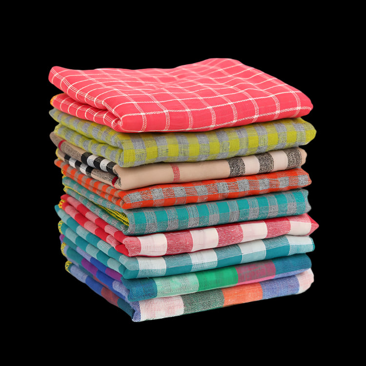 Stack of colorful checkered cloths on a white background