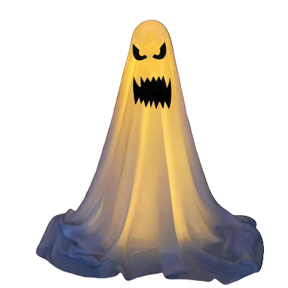 Ghost costume with a scary face design in a dark setting
