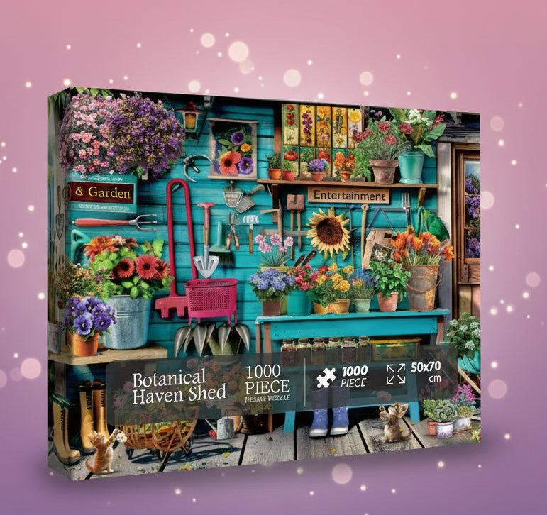 Gardening-themed puzzle box with tools, plants, and a shed.