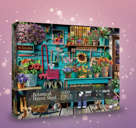 Gardening-themed puzzle box with tools, plants, and a shed.