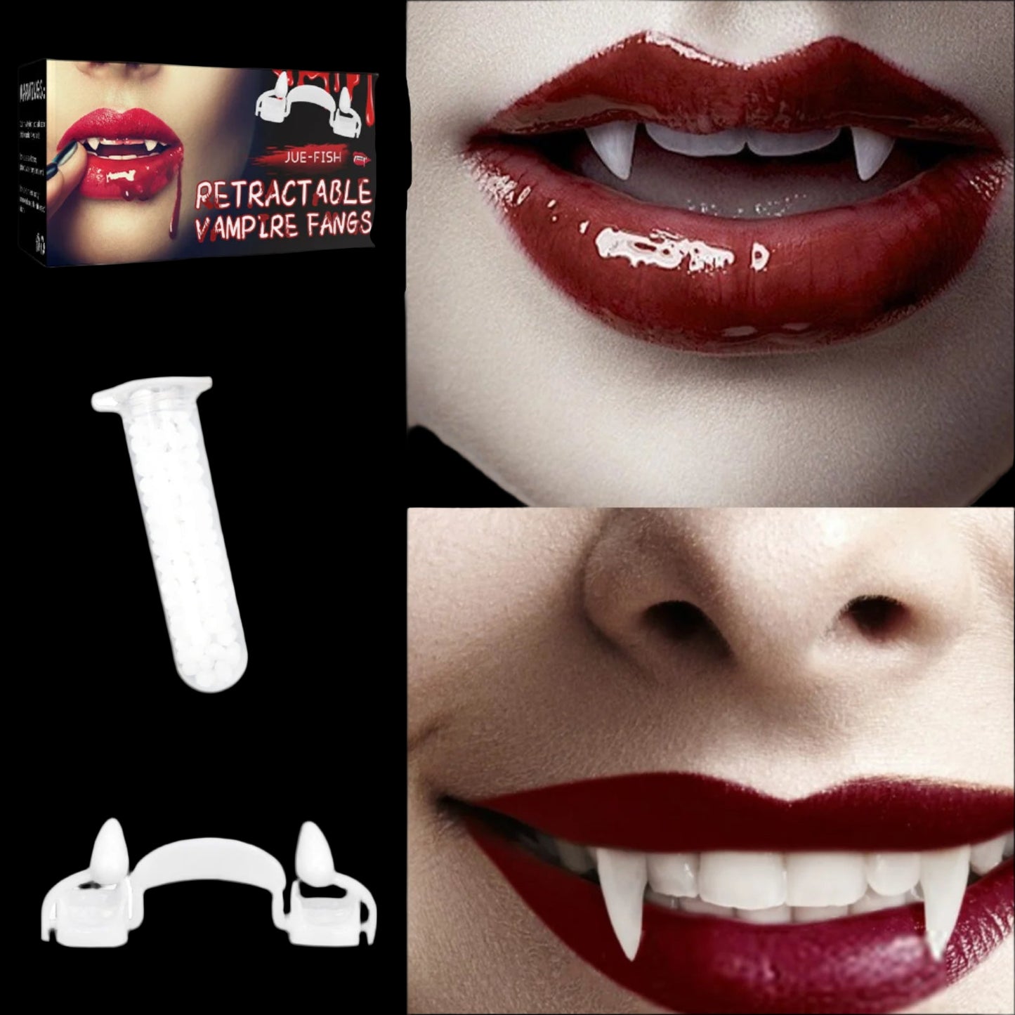 Retractable vampire Fangs with packaging and close-up of lips wearing them.