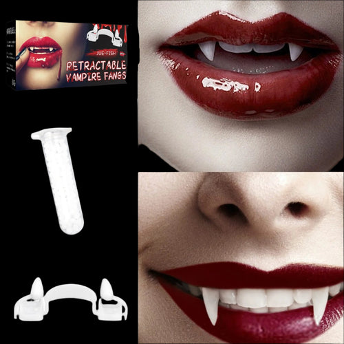 Retractable vampire Fangs with packaging and close-up of lips wearing them.