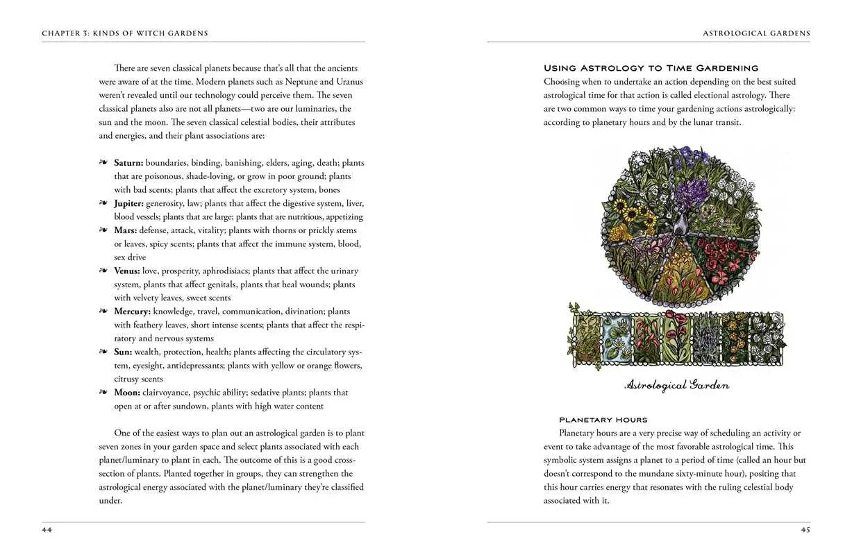 Page from a book on astrology and gardening with an astrological garden diagram.
