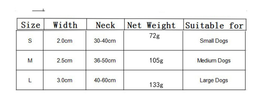 Size chart for dog collars with dimensions, weight, and suitability for different dog sizes.