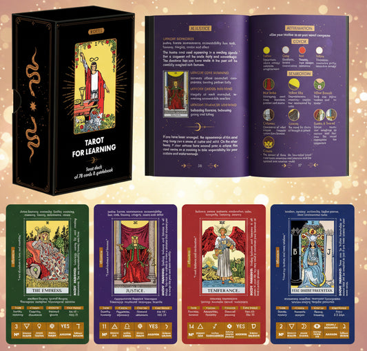 Collection of tarot cards with descriptive text and a box labeled 'Tarot for Learning'.