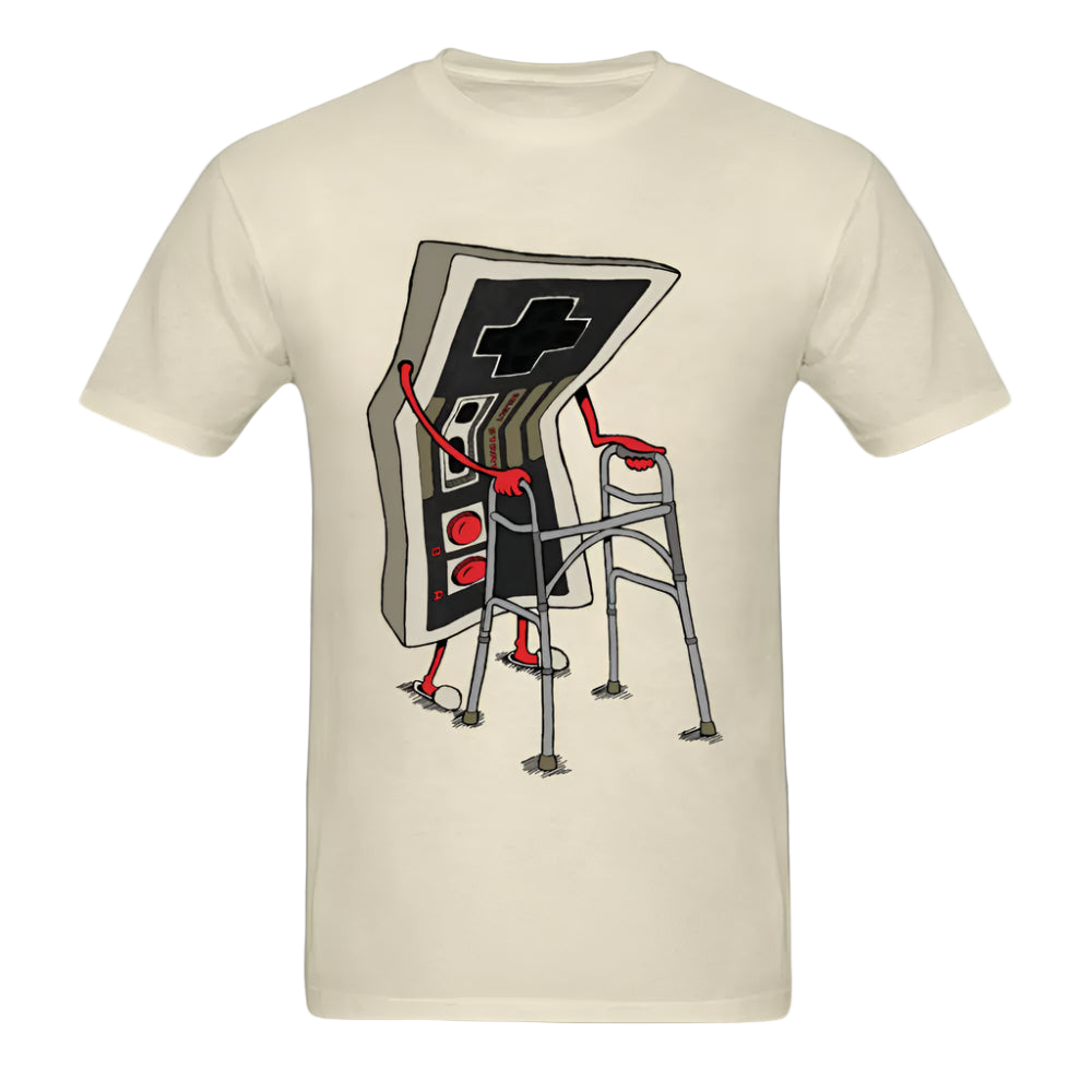 Beige t-shirt with a graphic design of a retro video game console and chair on a white background