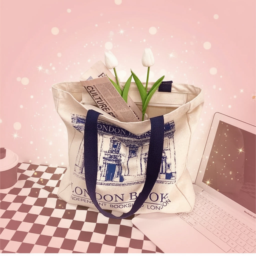 Tote bag with 'London Book' design on a checkered table with a laptop and flowers.