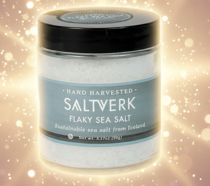 Jar of Saltverk flaky sea salt on a white background