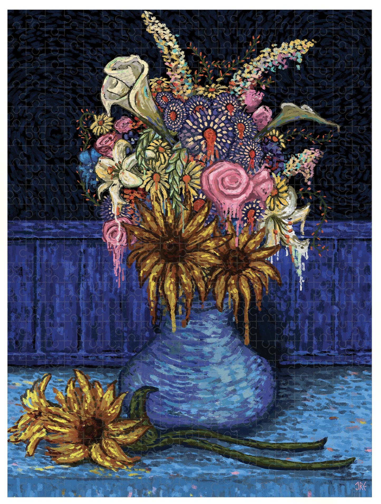 Colorful mosaic artwork of a vase with flowers on a dark background