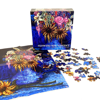 Flowers for Vincent puzzle set with packaging and scattered pieces on a white background