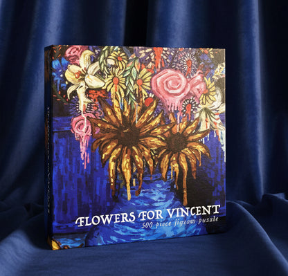 Puzzle box with 'Flowers for Vincent' design on a white background
