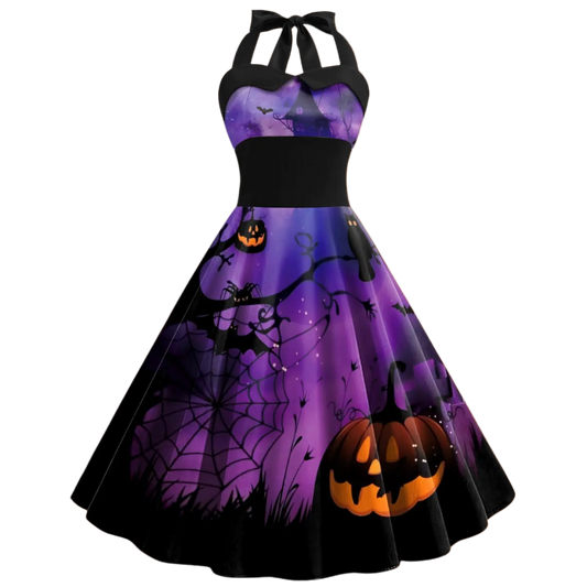 Halloween-themed dress with pumpkins and spider webs on a white background