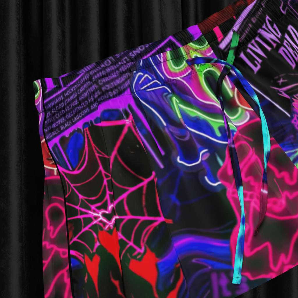 Neon-colored shorts with spider web design on a black background