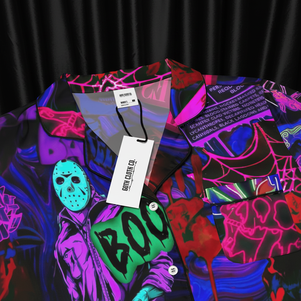 Neon-colored shirt with graphic designs and 'Goth Cloth Co.' tag