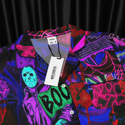 Neon-colored shirt with graphic designs and 'Goth Cloth Co.' tag