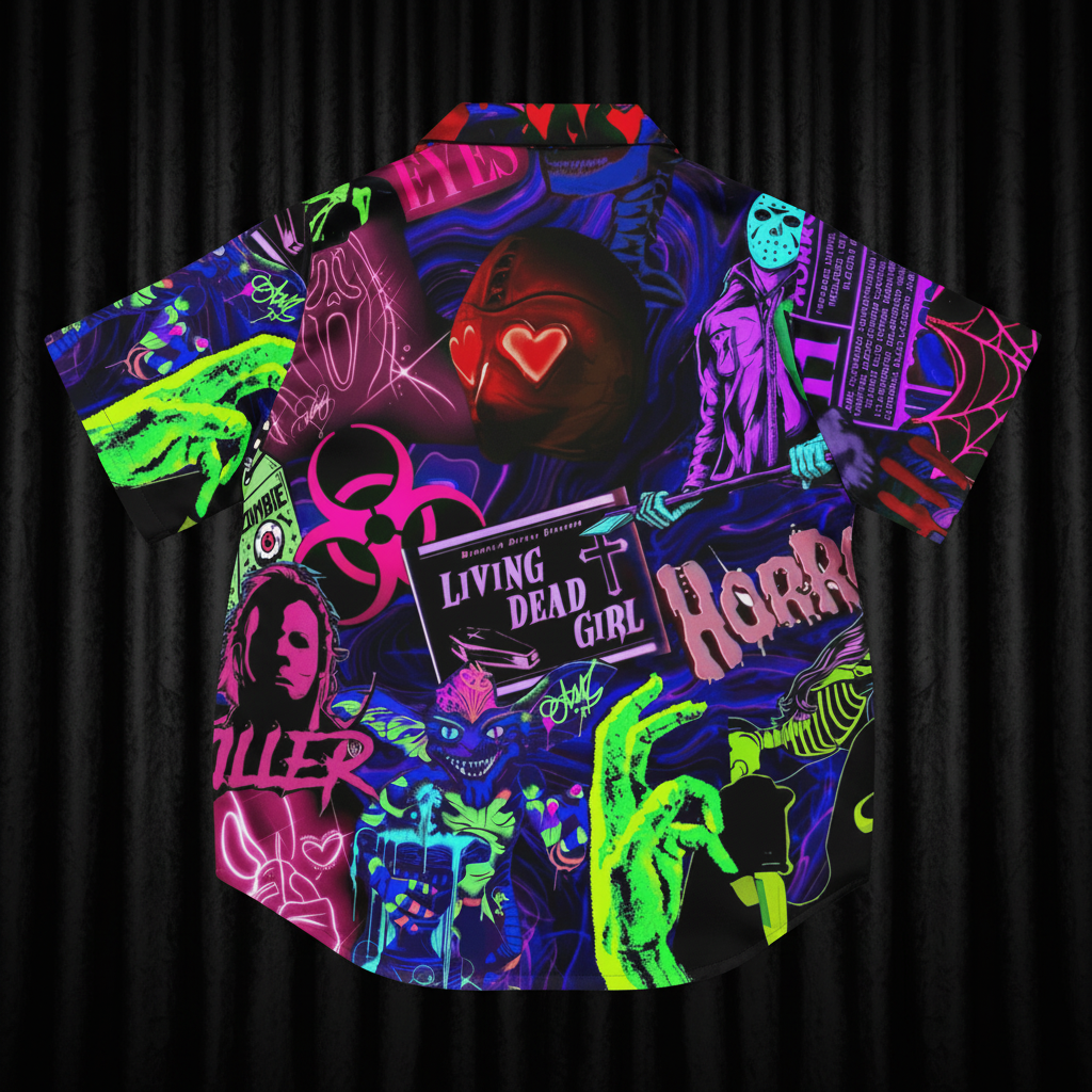 Colorful shirt with graphic designs on a green background