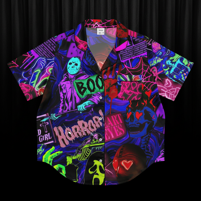 Colorful Halloween-themed shirt with neon graphics on a transparent background