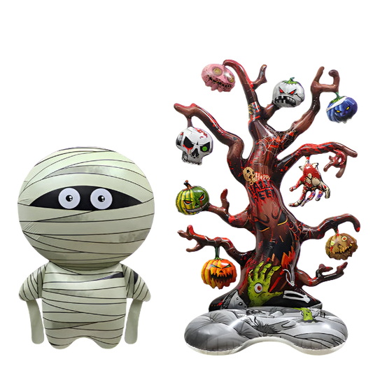 Halloween-themed mummy figurine and tree decoration on a white background
