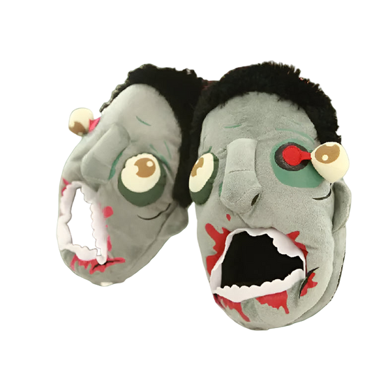 Zombie-themed slippers on a white surface with flowers in the background