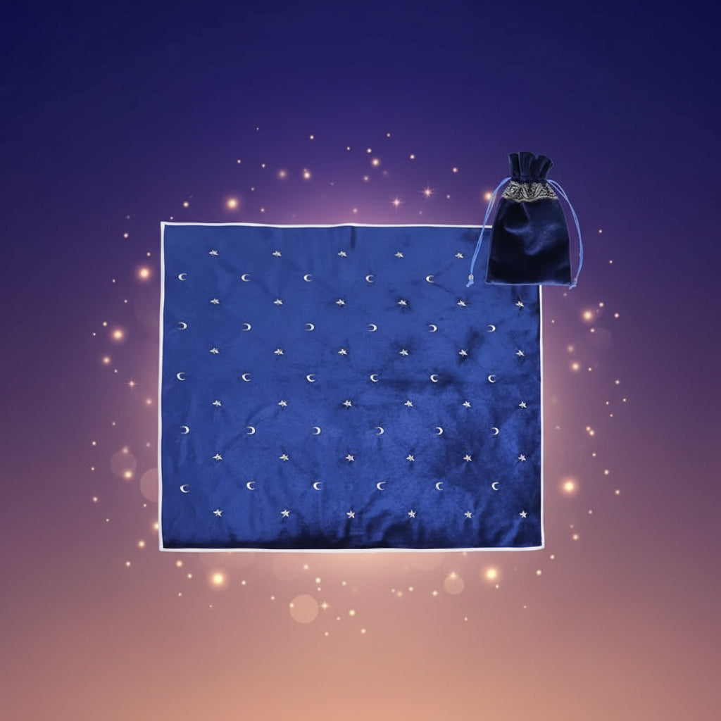 Blue satin scarf with white star and moon patterns and a matching drawstring bag on a white background