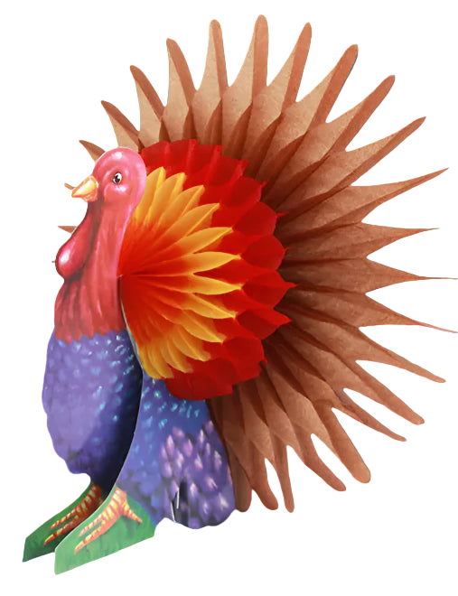 Colorful paper turkey decoration on a table with a cup and plate in the background.