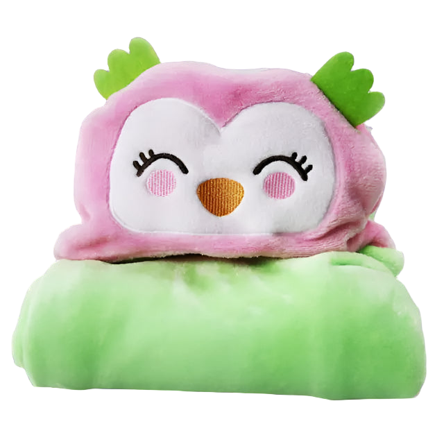 Plush owl toy with pink face and green wings on a white background