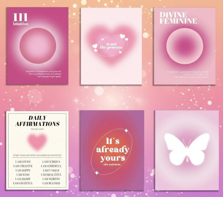 Set of six motivational posters with pink and white designs on a white background