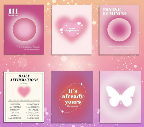 Set of six motivational posters with pink and white designs on a white background