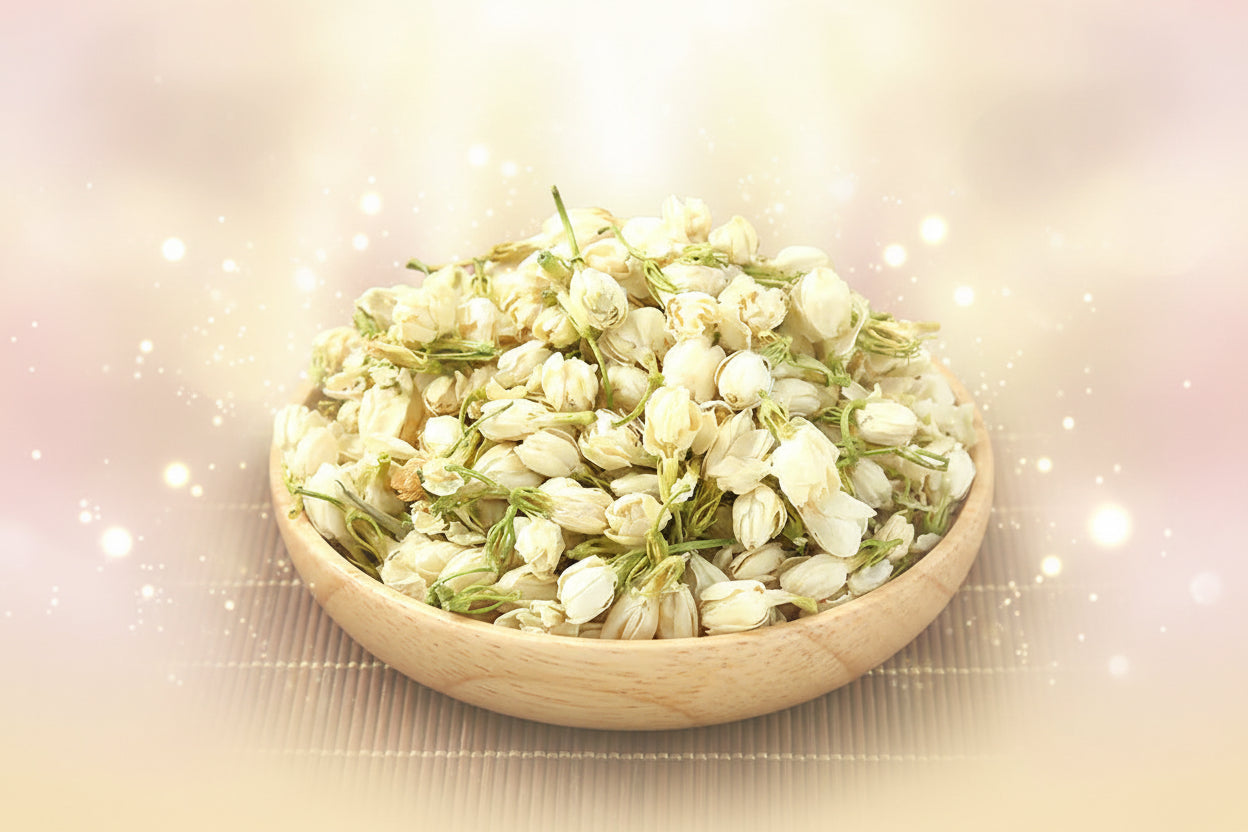 Bowl of jasmine flowers on a woven mat with text overlay