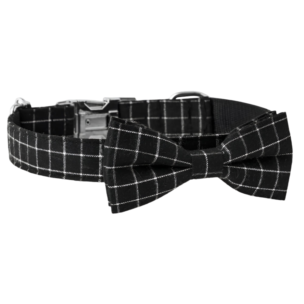Black plaid dog collar with bow tie on a white background