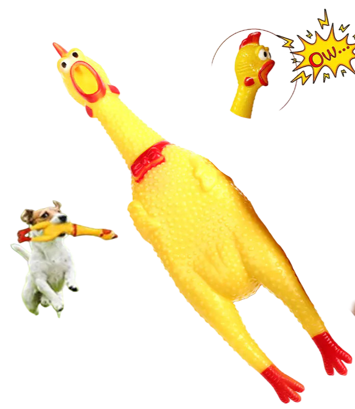 Yellow chicken-shaped toy with red accents held by a hand, with insets showing a dog playing with the toy.