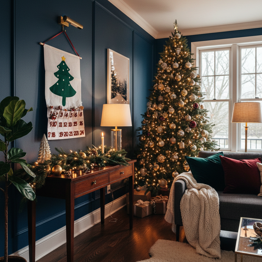 Living room decorated for Christmas with a tree, stockings, and festive decor.