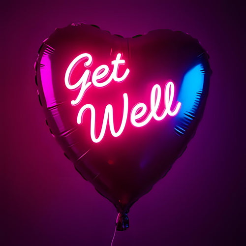 Heart-shaped balloon with 'Get Well' text in pink and blue on a dark background