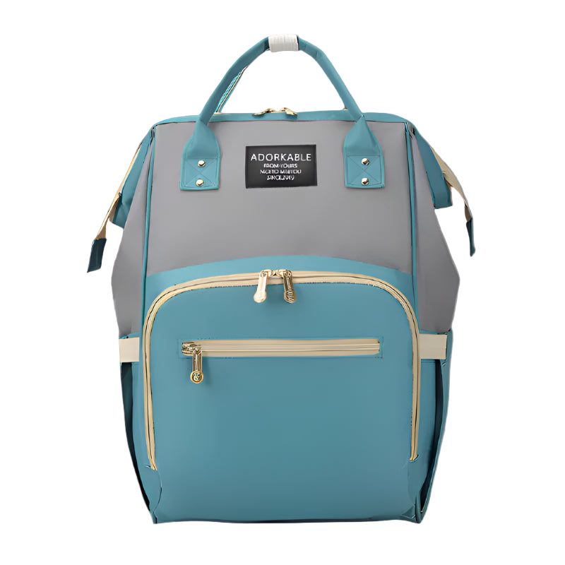 Teal and gray backpack with gold zipper on a white background