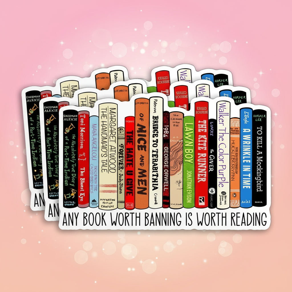 Sticker with book illustrations and text on a white background
