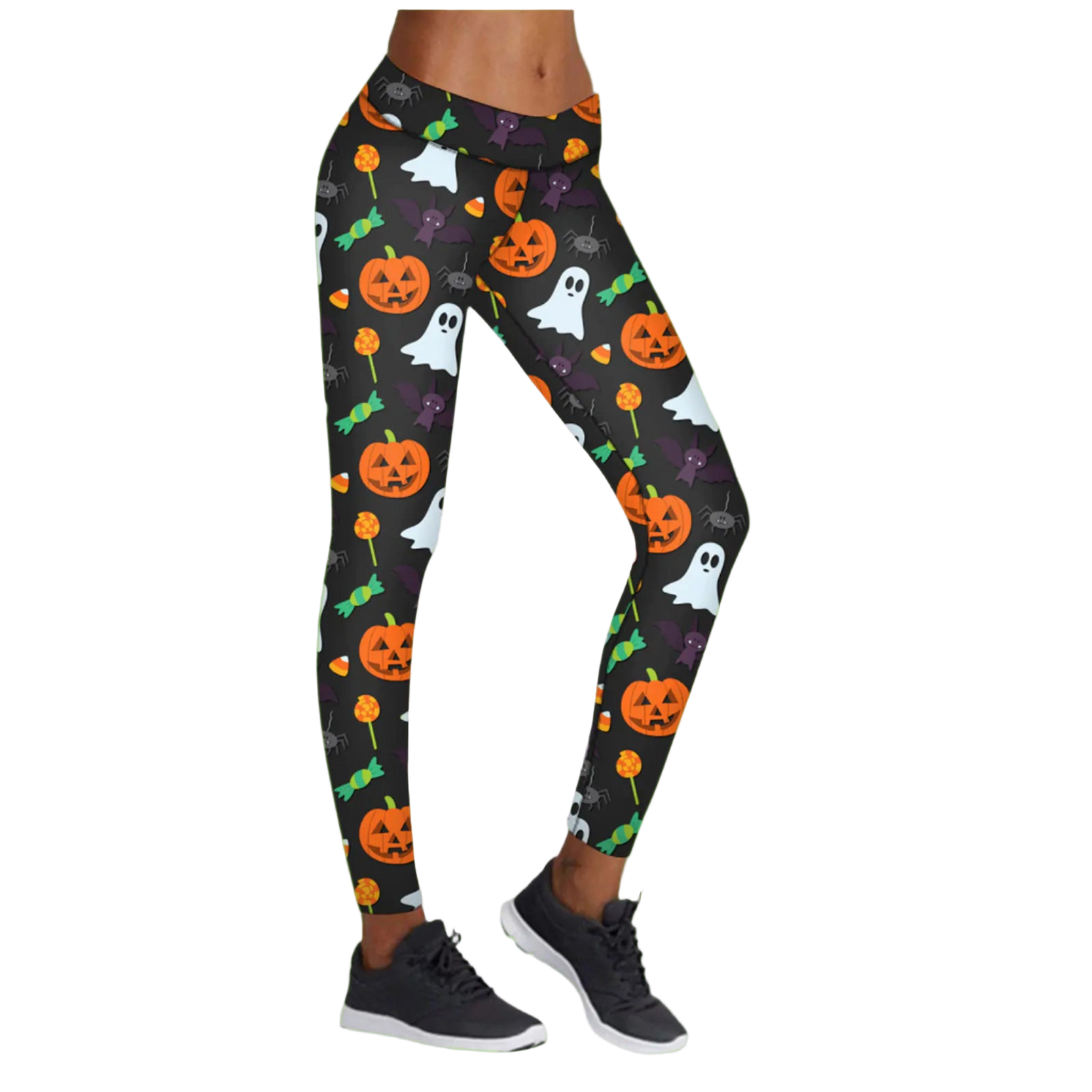 Halloween-themed leggings with pumpkins, ghosts, and candy on a black background.