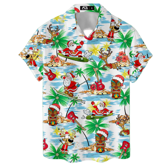 Hawaiian shirt with Christmas-themed design featuring Santa Claus, reindeer, and tropical elements on a white background.