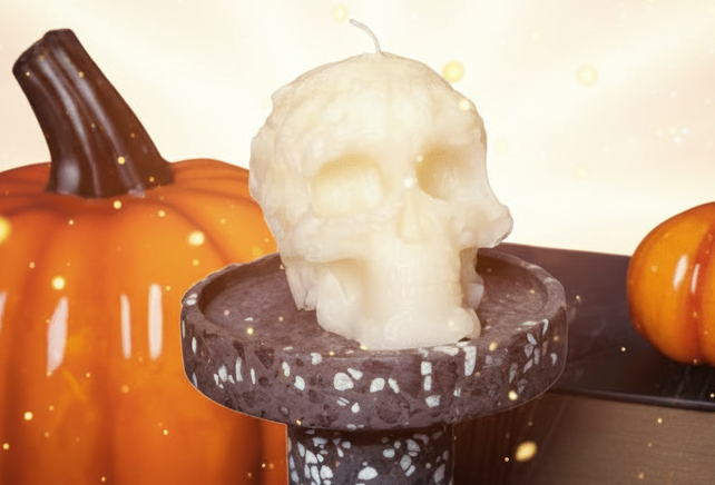 Skull-shaped candle on a stand with pumpkins and lightning effects in the background