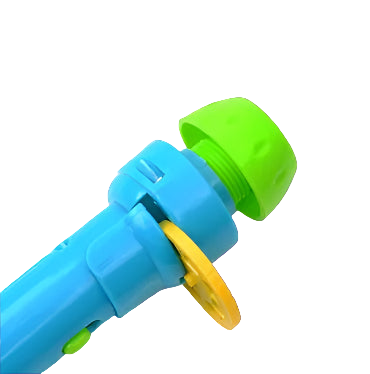 Blue and green water gun with a yellow nozzle on a white background