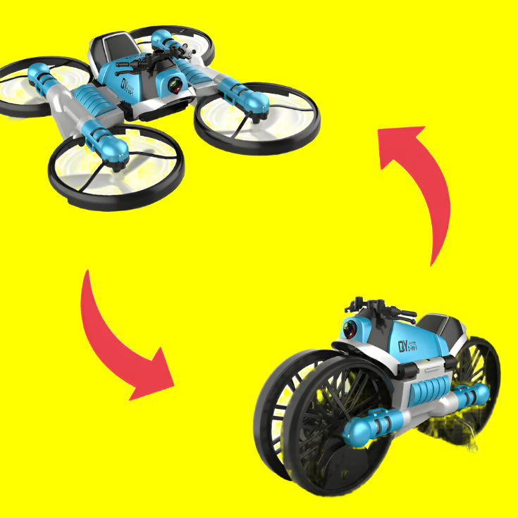 Transforming drone and vehicle model with red arrows indicating transformation.