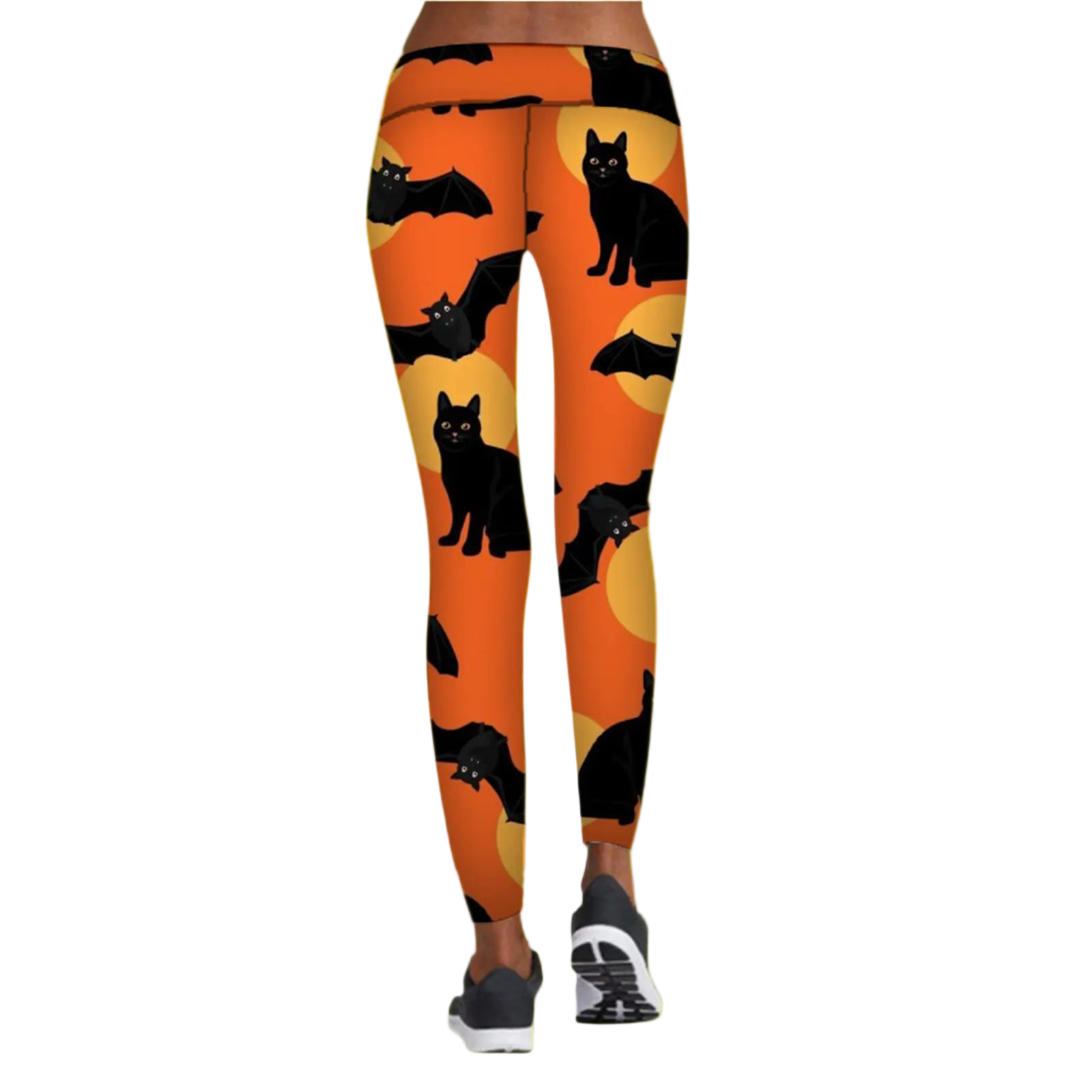 Orange leggings with black cat and bat pattern on a white background